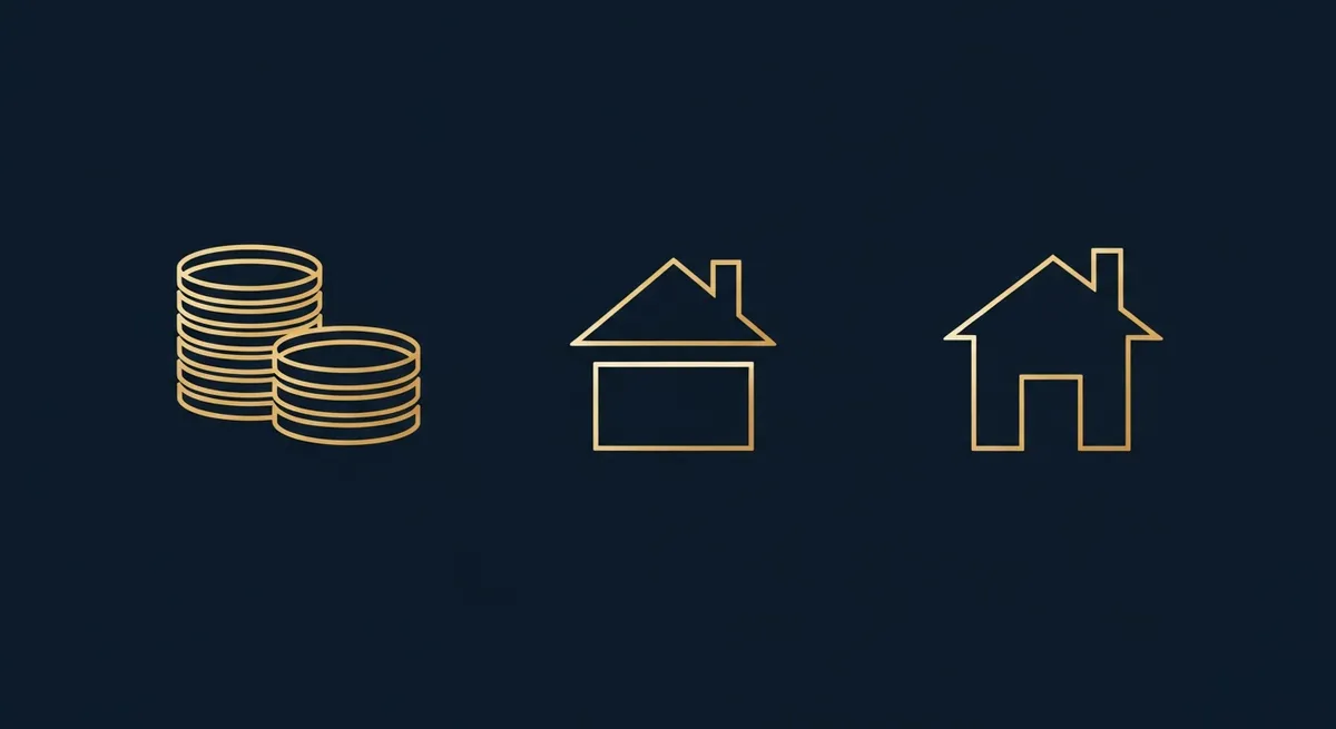 Illustration des apports en SCI : pièces de monnaie, maison, mains au travail, balance