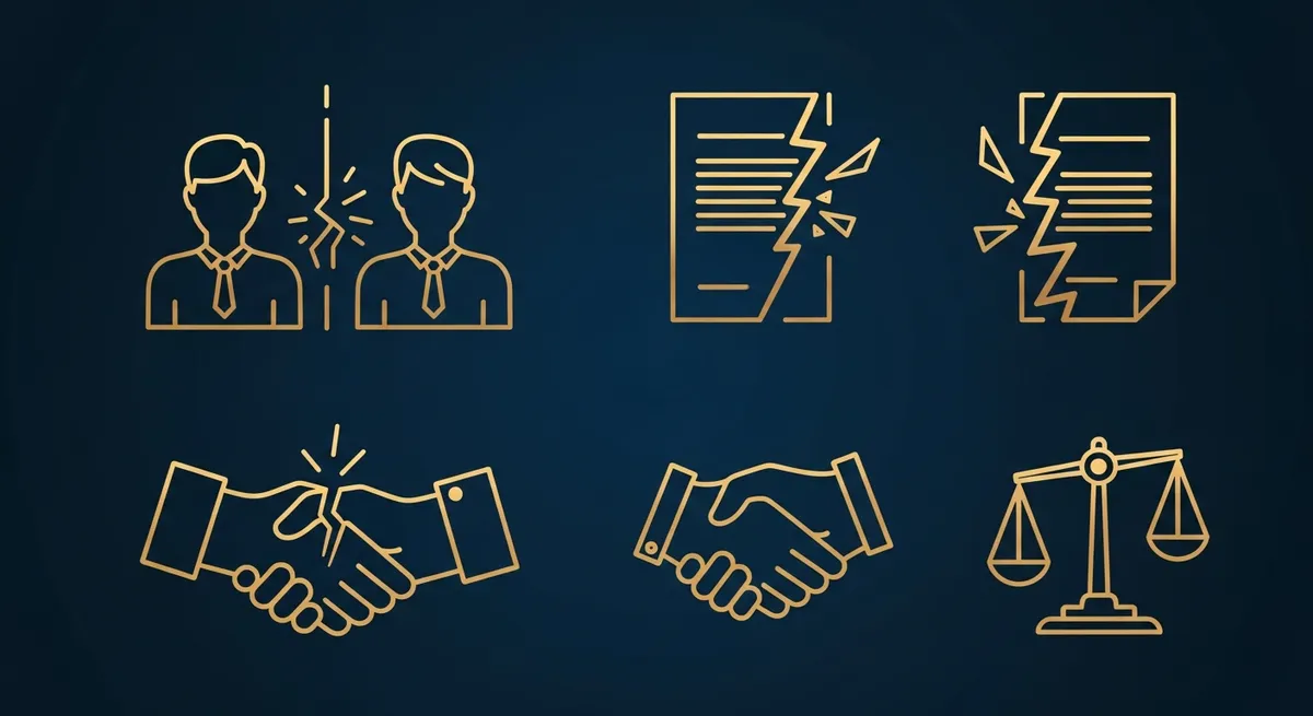 Illustration d'un associé vendant ses parts avec des icônes de contrat, poignée de main et balance