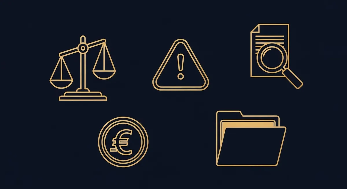 Illustration d'un compte courant débiteur avec balance déséquilibrée, documents fiscaux et loupe d'inspection sur fond navy
