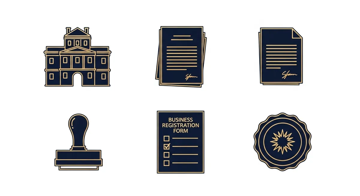 Illustration du greffe du tribunal de commerce d'Arras avec des icônes de formalités juridiques