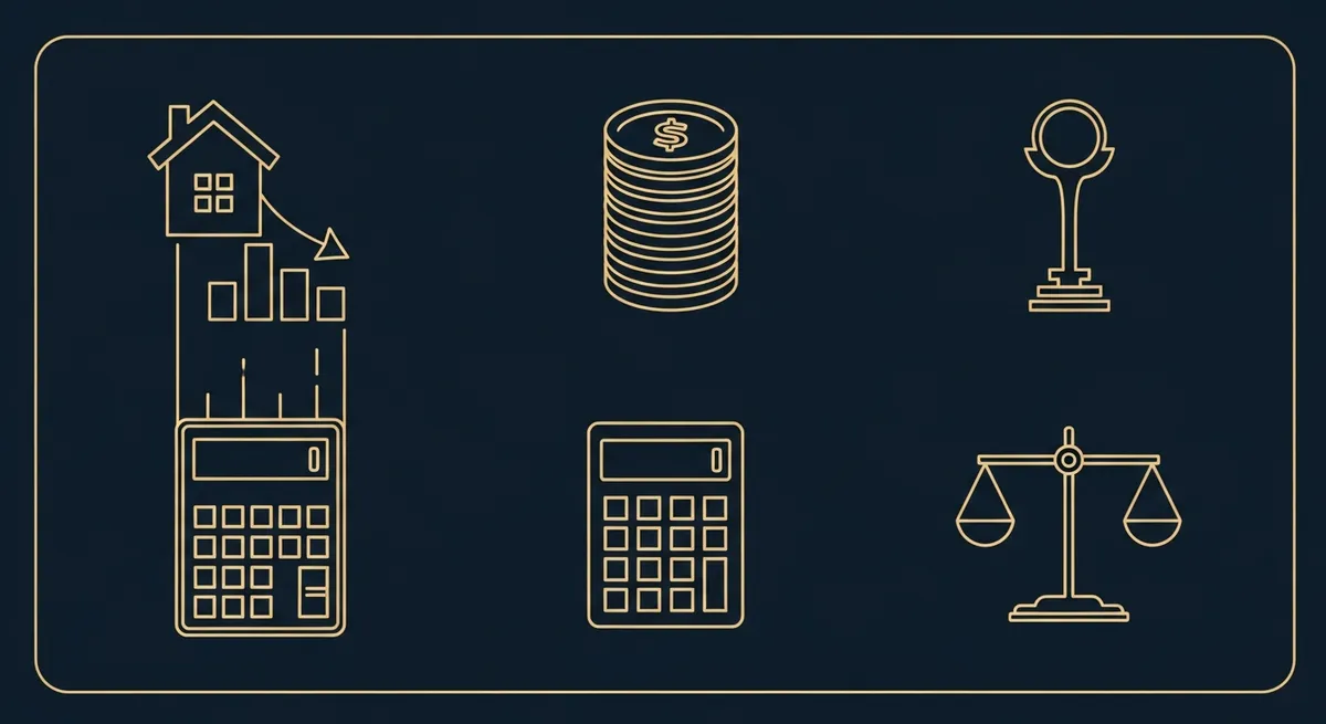 Illustration LMNP régime réel : immeuble locatif, calculatrice, amortissement décroissant, charges