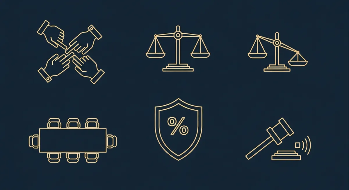 Illustration de la minorité de blocage en SAS avec des icônes de vote et de balance juridique