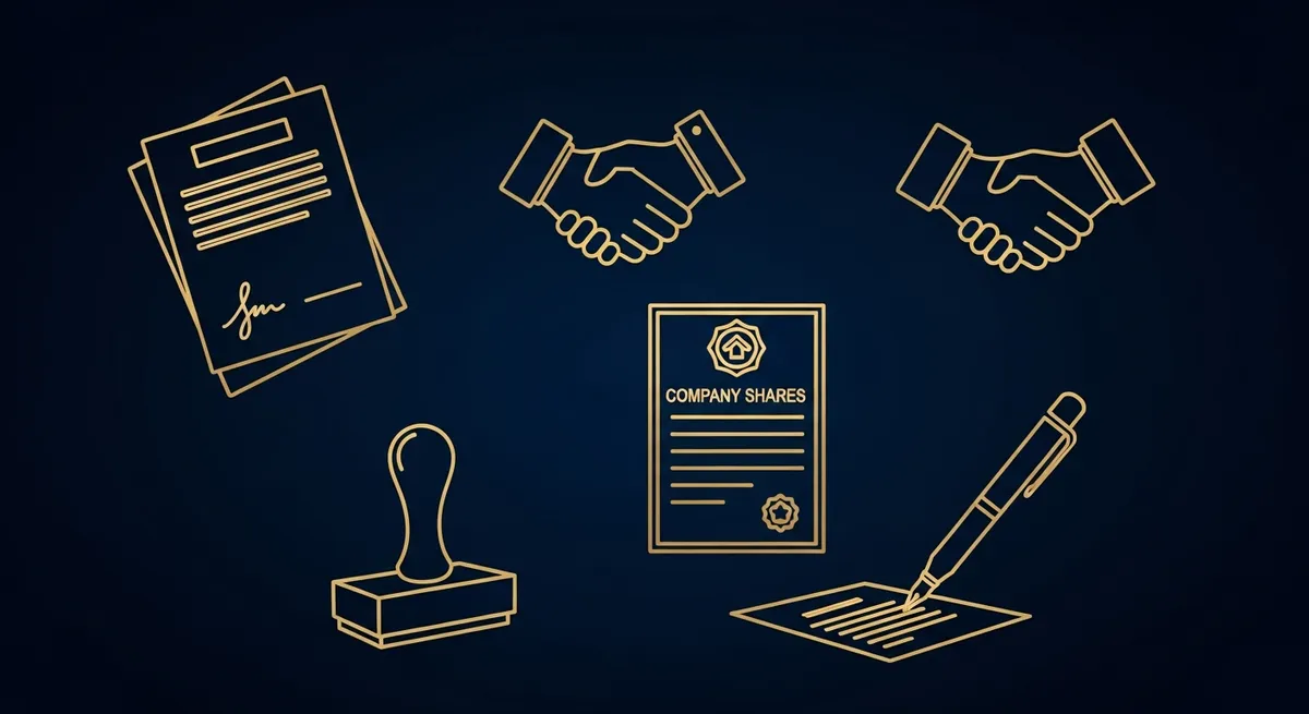 Illustration d'un acte de cession de parts sociales SARL avec des icônes de contrat et de signature