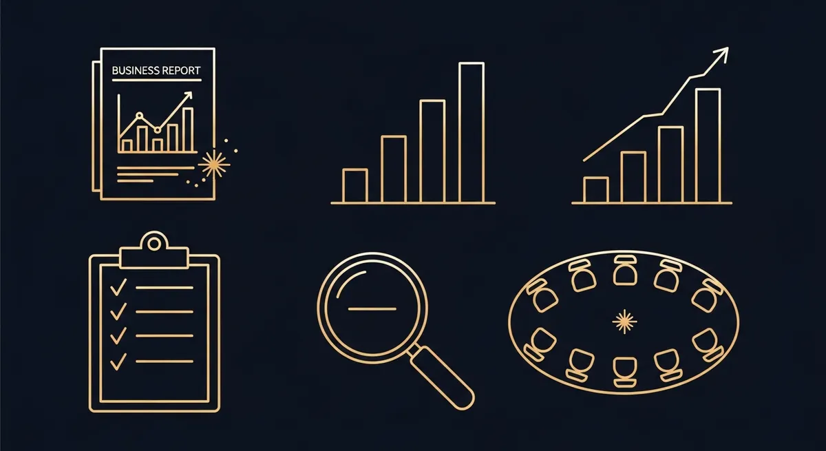 Illustration d'un rapport de gestion de SAS avec des icônes de graphiques et documents