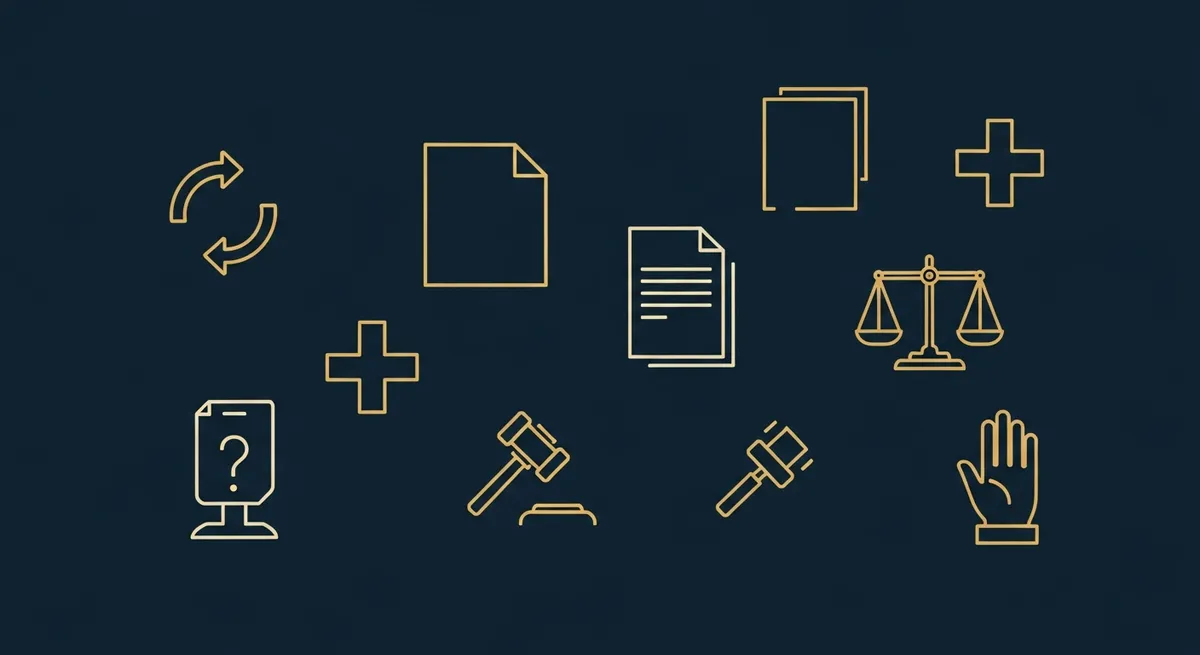 Illustration revenir décision AG : flèche retour, document barré, balance, gavel