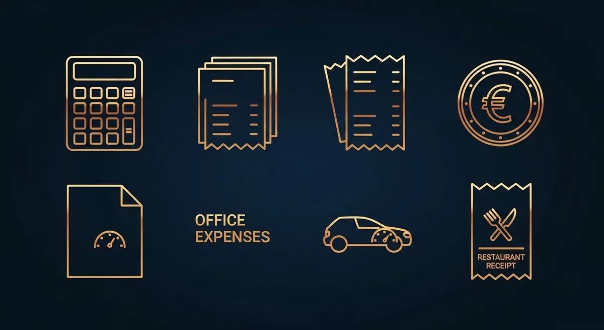 Illustration des frais déductibles en SASU avec des icônes de factures et calculatrice