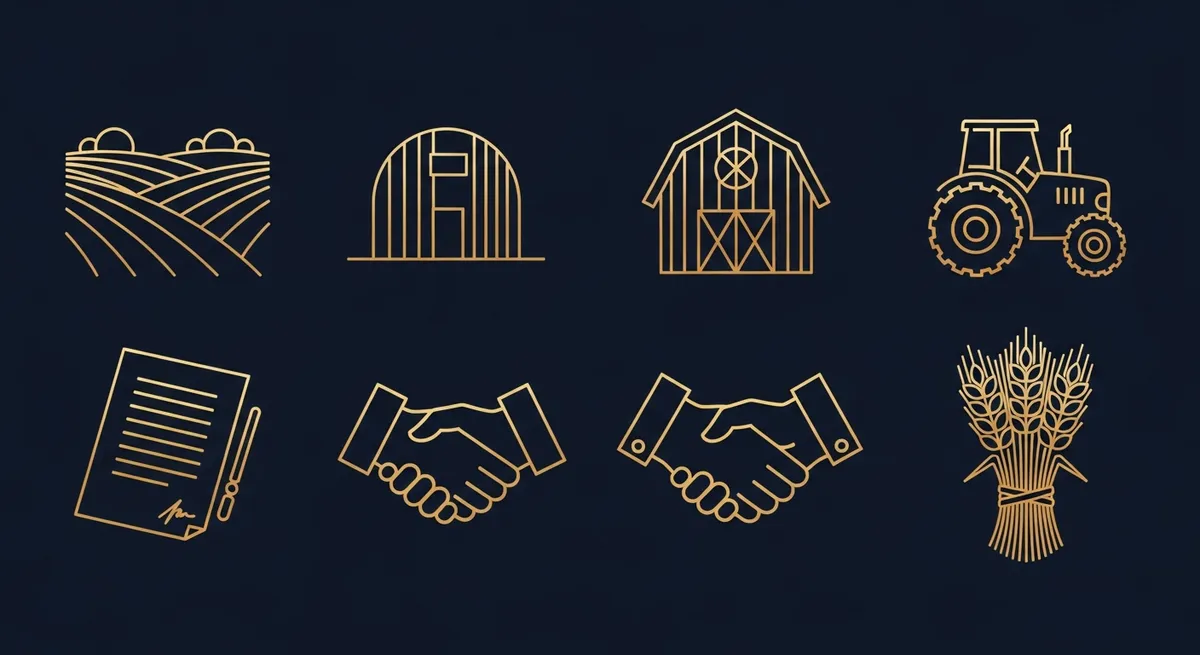 Illustration d'une SCI agricole avec des icônes de terres, bâtiments agricoles et documents juridiques