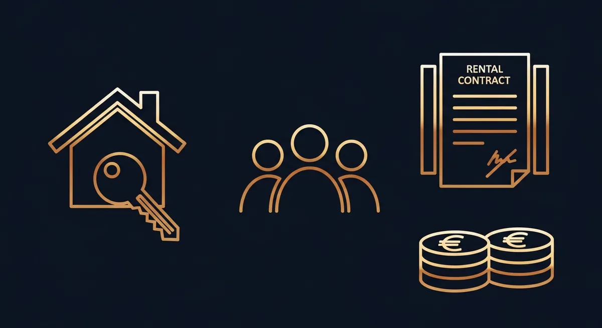 Illustration d'une SCI familiale en location avec des icônes d'immeuble, de loyer et de famille