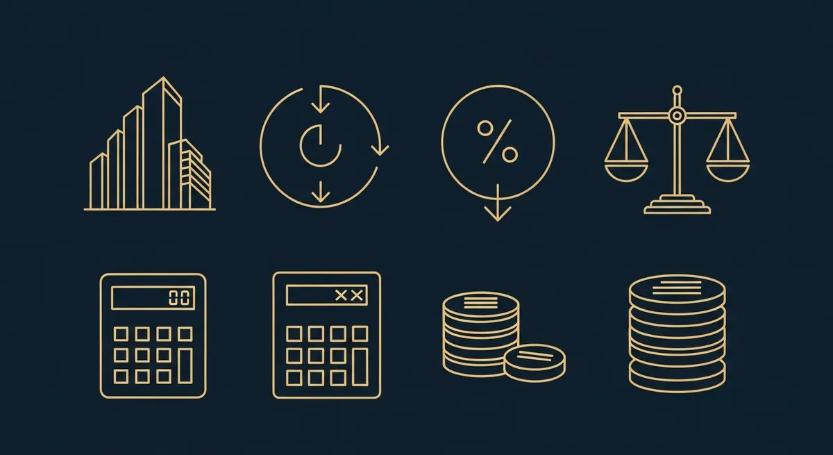 Illustration valeur parts SCI familiale : balance, calcul, immeuble, pourcentages de décote